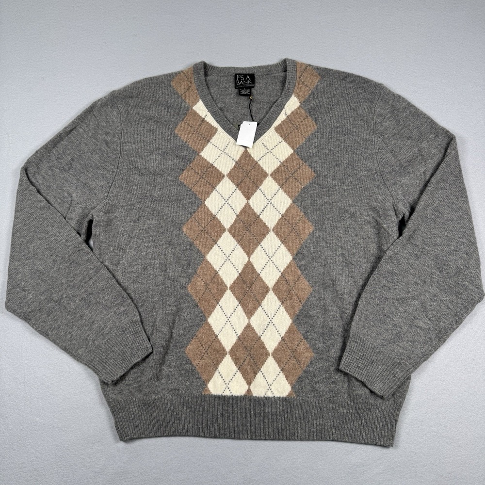 Jos A Bank Lambswool Sweater‎ Men's Large Gray Tan Argyle V Neck Long Sleeve NWT